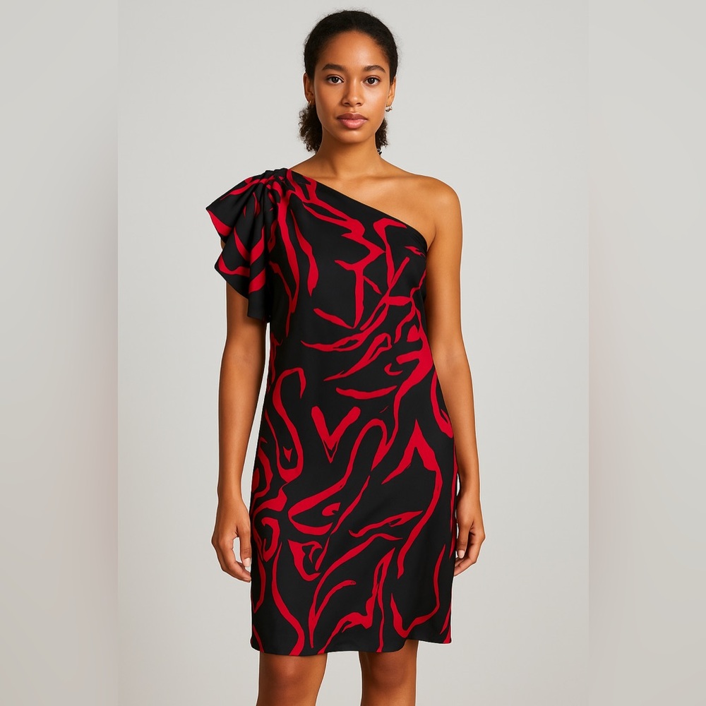 Rachel Roy Elegant Black and Red One-Shoulder Dress Size 0